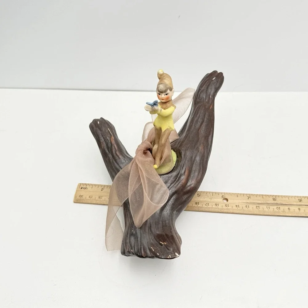 Vtg 50s Ceramic Girl Garden Pixie Elf On Log w/ Butterfly Kitschy Mid Century